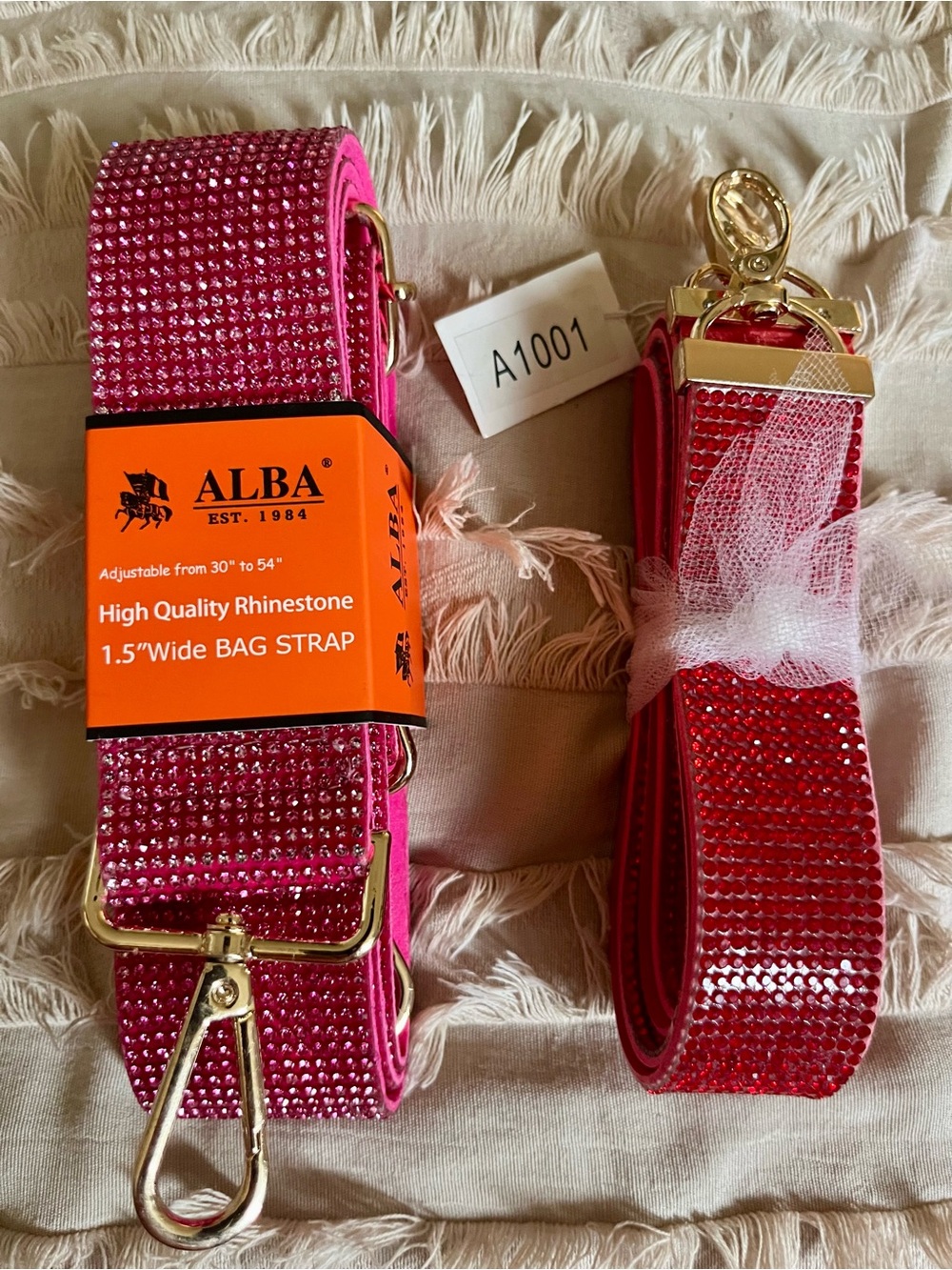 ALBA Pink Rhinestone 1.5" Wide Adjustable Bag Strap, set of 2, pink and red